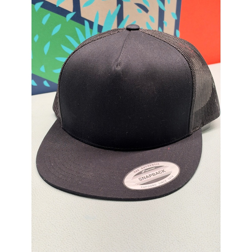 Yupoong The Classics Black Trucker Hat Snapback Mesh Flat Bill Cap 6006